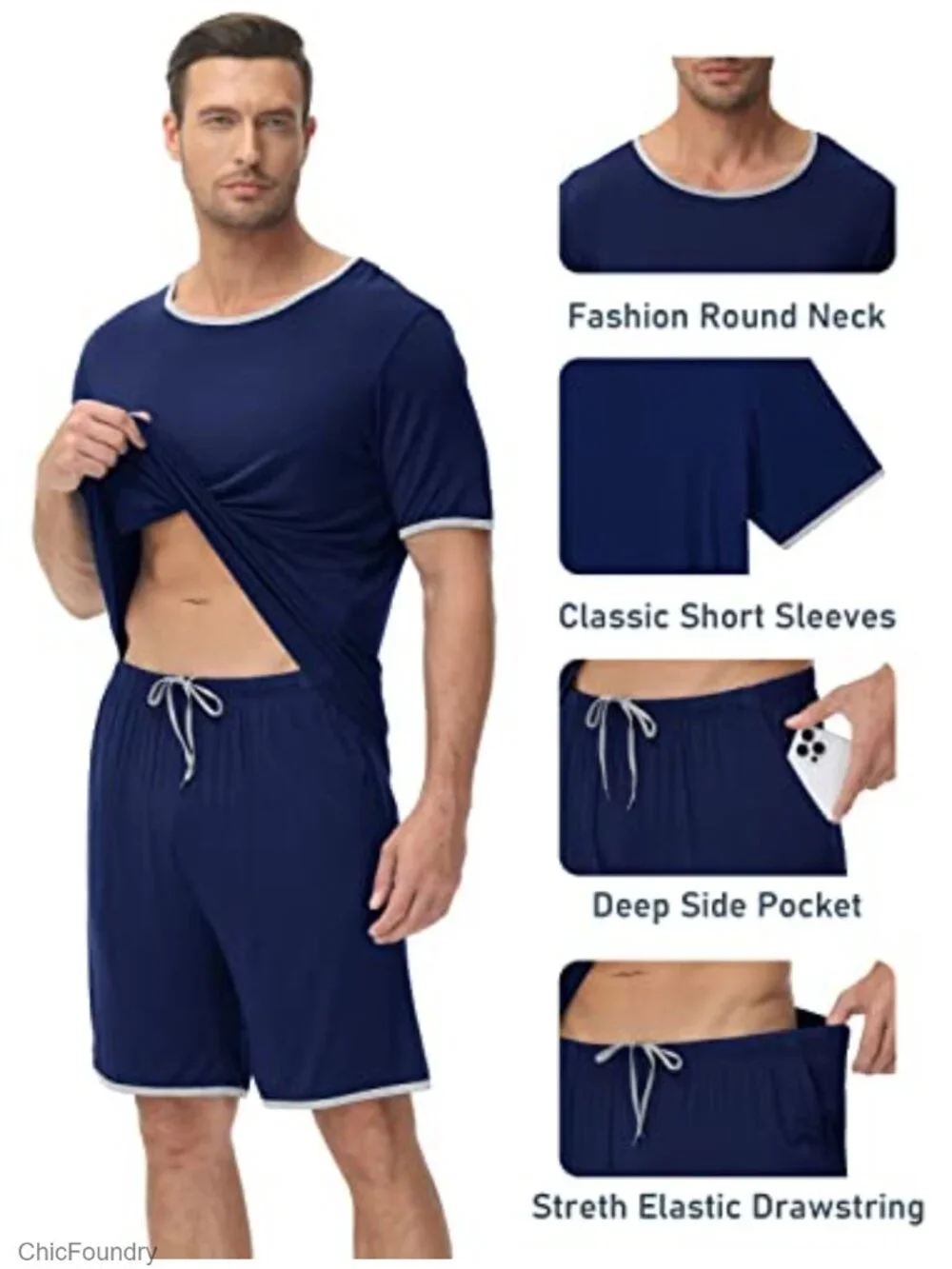 Men's Pajama Set Soft Modal Sleepwear Short Sleeve Summer Lounge with Pockets